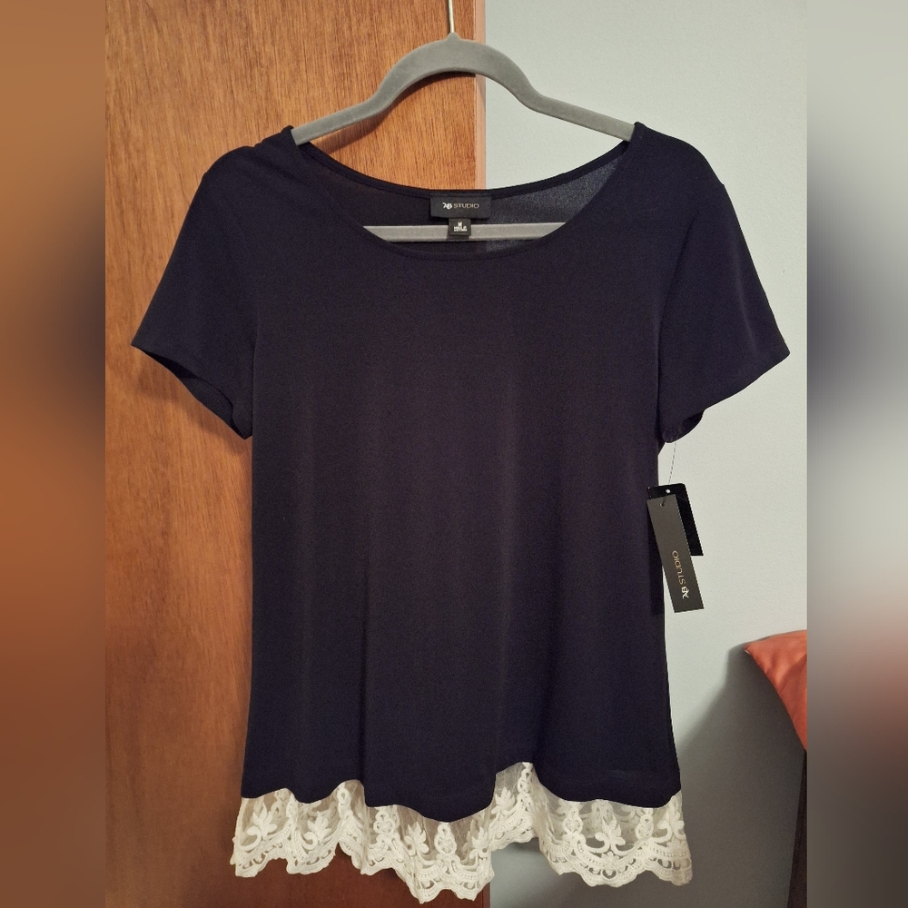 Final Price* AB Studio Women's Black Short Sleeve Top with White Lace Hem Size M